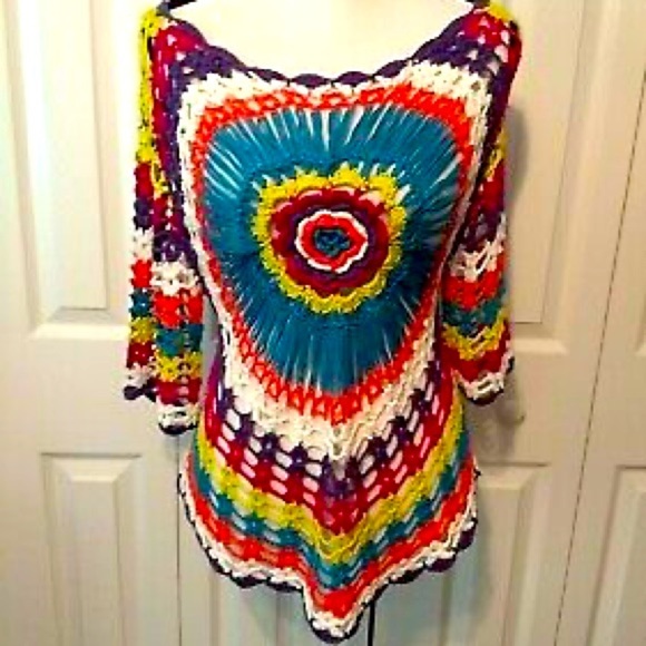 Sioni Studio Other - Sioni Studio Boho Festival Crochet Colorful Open Knit Sweater Tunic Size L/XL